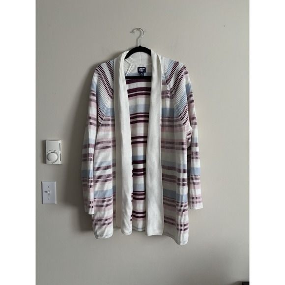 Lands End Plus Size 2X Chunky Knit Cardigan Red Pink‎ White Cotton Striped - Picture 1 of 6
